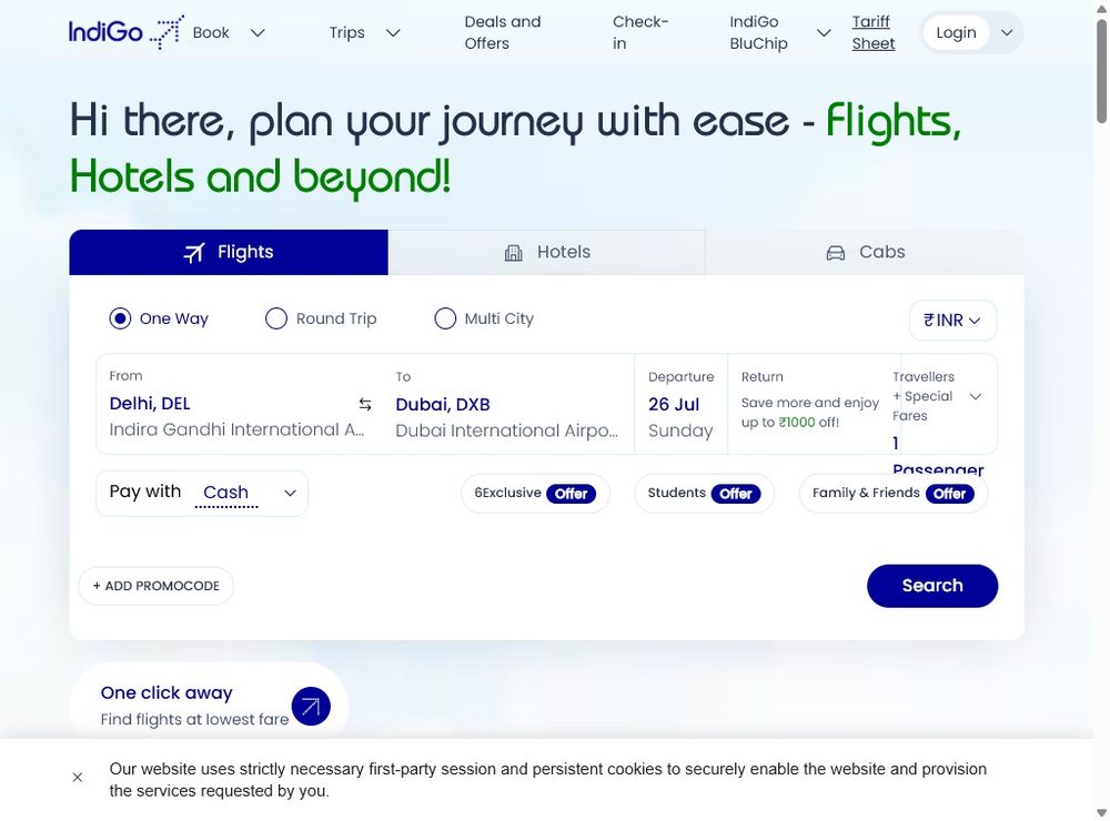 Поиск рейса на goindigo.in: One Way, Delhi (DEL) → Dubai (DXB), дата вылета и один пассажир; валюта цен зависит от точки продаж (в примере — USD).