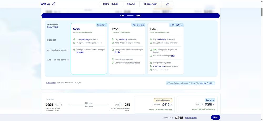 Сравнение тарифов: Saver 246 USD (ручная 7 кг + багаж 30 кг), Flexi Plus 255 USD (+ питание и место), IndiGo UpFront 267 USD (нулевой сбор за смену свыше 72 ч, передние ряды).