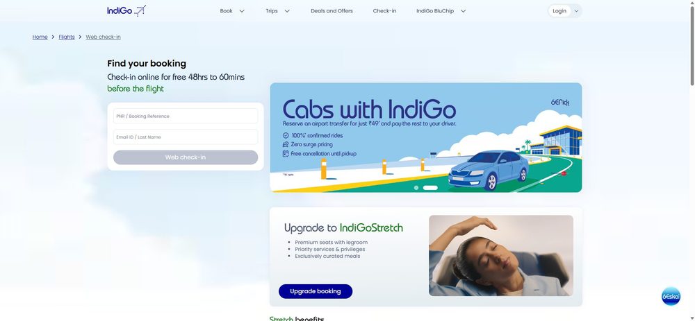 Веб-регистрация IndiGo (goindigo.in/web-check-in): вход по номеру брони (PNR / Booking Reference) и Email или фамилии; окно регистрации — от 48 часов до 60 минут до вылета.